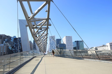 Oslo, Norway – July 19, 2018: Akrobaten pedestrian bridge in Bjorvika district. Modern business architecture in the center of Oslo.  Bridge across the tracks of Oslo central station.