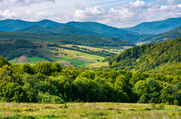 beautiful mountainous countryside. calm and relaxing scene. forested hill and rural fields in the distance