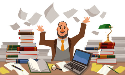 たくさんの書類でストレスを感じている、仕事中のベテランのビジネスマン、もしくは学者。