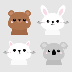 Bear, rabbit, hare, grizzly, koala, cat kitten head face set. Pink cheeks. Doodle linear sketch. Cute cartoon character. T-shirt design. Pet animal collection. Baby background. Flat