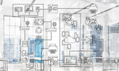 Technology background image with media interface as connection and networking idea. Mixed media