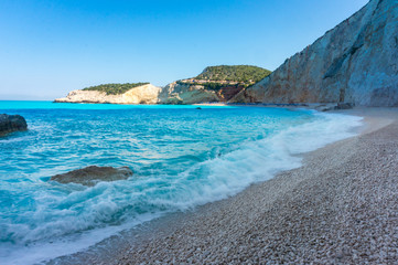Naklejka na ściany i meble Beautiful Porto Katsiki Beach in Lefkada Island, Greece with turquoise clear water and white stones. 