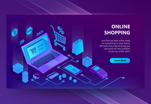 Vector 3d isometric template of e-commerce site, online store page with buton. Shopping service, payment by smartphone or laptop and delivery. Illustration in violet, ultraviolet colors.