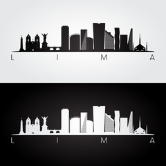 Lima skyline and landmarks silhouette, black and white design, vector illustration.