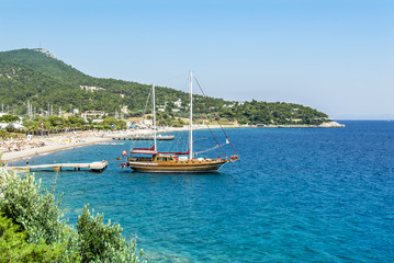 Bodrum, Turkey, 3 June 2012: Sailboat at Cove of Kargicik, Village of Yaliciftlik