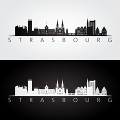 Strasbourg skyline and landmarks silhouette, black and white design, vector illustration.