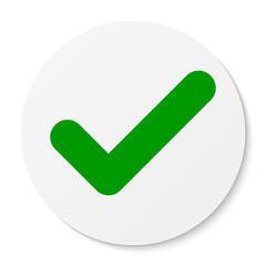 Flat white round sticker check mark icon, button. Tick symbol isolated on white background.