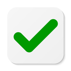 Flat white square sticker check mark icon, button. Tick symbol isolated on white background.