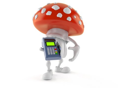Toadstool character holding credit card reader