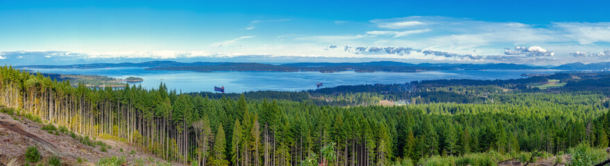 Panoramic view of Ladysmith shoreline from top of a mountain, Vancouver Island, BC, Canada