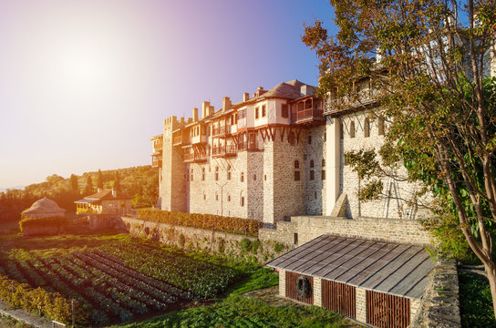 Travel and pilgrimage on Mount Athos. Monastery of Xeropotamos on Holy mountain Athos