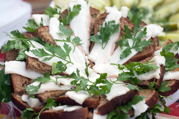Traditional snack for Russian and Ukrainian people on the holidays. A sandwich with bacon, garlic and parsley under the glass of genuine Russian vodka 
