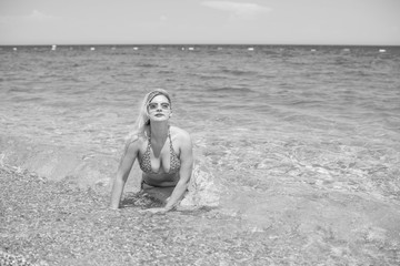 Beauty of new age. Natural pretty young woman in swimsuit near the sea. Size plus and xl women. Swimsuit bikini ,lady at beach 