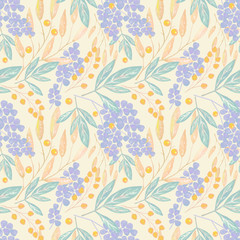 Seamless watercolor floral pattern.Flowers, berries on a light yellow background.