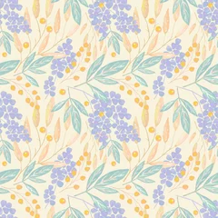 Tuinposter Seamless watercolor floral pattern.Flowers, berries on a light yellow background. © brusnika9