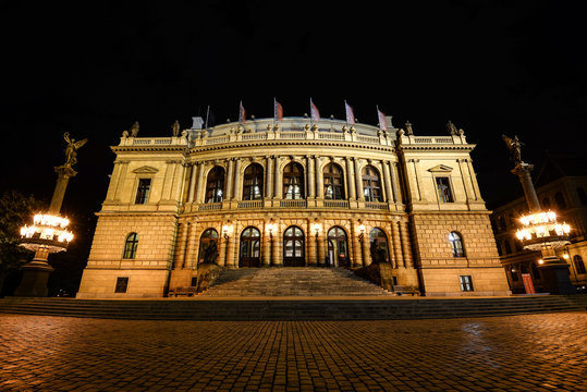 Prague, Czech Republic - October 11, 2017: Night view on The Rudolfinum is designed in the neo-renaissance style and is situated on Jan Palach Square on the bank of the river Vltava, Prague, Czech Rep