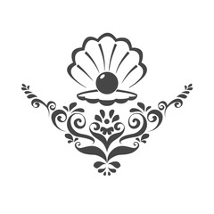 Sea Pearl in open shell, floral ornament illustration