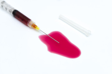 close up flat syringe with red blood inside