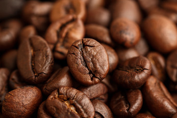Closeup of coffee beans with selective focus for background