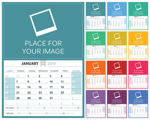 English Calendar 2019 / English planning calendar 2019, week starts on Sunday, colorful calendar template with place for your image, vector illustration