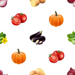 Seamless pattern with vegetables. Vegeterian food isolated on white background. Tomato, pumpkin, cabbage, potatoes onion broccoli carrot pepper and garlic. 3d realism vector illustration.