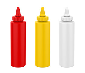 Tomato Ketchup, Mustard and Mayonnaise Bottles Isolated