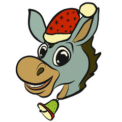 Cheerful donkey in a Christmas cap and with a bell