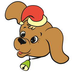 Cute puppy in a Christmas cap and with a bell