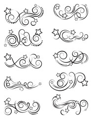 Set of curls and scrolls with stars. Decorative elements for frames.