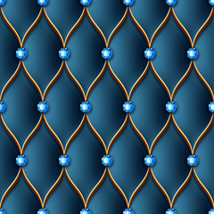 Leather upholstery seamless pattern with golden thread and gems. Vector Illustration