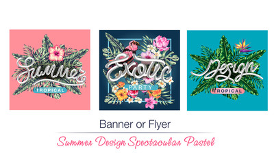 tropical flowers and palms summer banner graphic background exotic floral invitation flyer