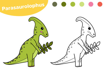 Coloring page for preschool children. Hand drawn character dinosaur Parasaurolophus. Vector illustration.