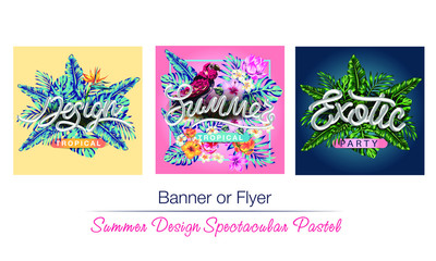 tropical flowers and palms summer banner graphic background exotic floral invitation flyer, Spectacular pastel