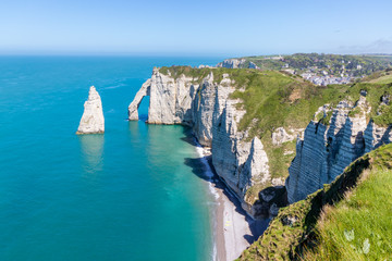 Aiguille Etretat cliff on the sea side and  limestone cliffs