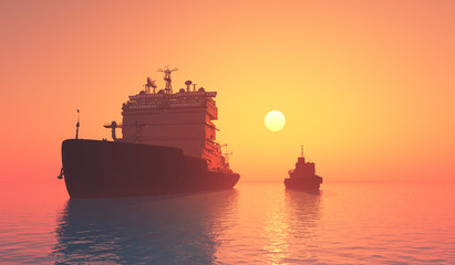 Tanker and tugs at sea.,3d render