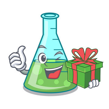 With gift science beaker mascot cartoon