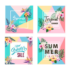 tropical flowers and palms summer banner graphic background 