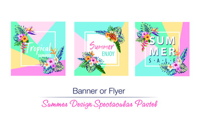 tropical flowers and palms summer banner graphic background exotic floral invitation flyer, Spectacular pastel