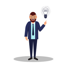 Vector flat businessman with idea bulb. Vector creative illustration