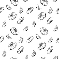 Hand drawn pumpkins pattern.Different kinds of pumpkins.Autumn pattern background. Monochrome, black and white. Vector illustration.