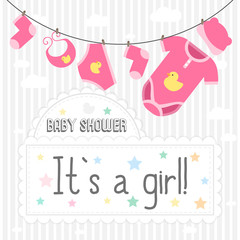 Newborn celebration. Baby shower, it`s a girl. Vector illustration.