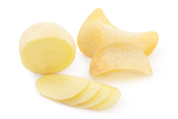 crispy chips and raw potato on white background