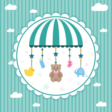 Newborn celebration. Baby shower, teddy bear toy, duck and elephant. Vector illustration.