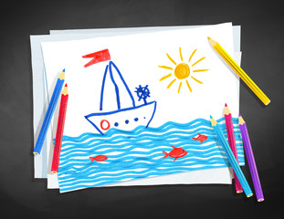 child drawing of ship and see waves