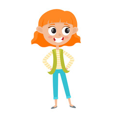 Red-haired teenage girl in stylish clothes isolated on white.