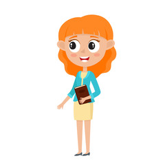 Cute red-haired business woman in stylish clothes isolated on white.