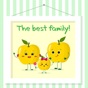 Family of yellow apples smileys, mom, dad and kid in cartoon style. Pictured in a painting that hangs on a striped wall.
