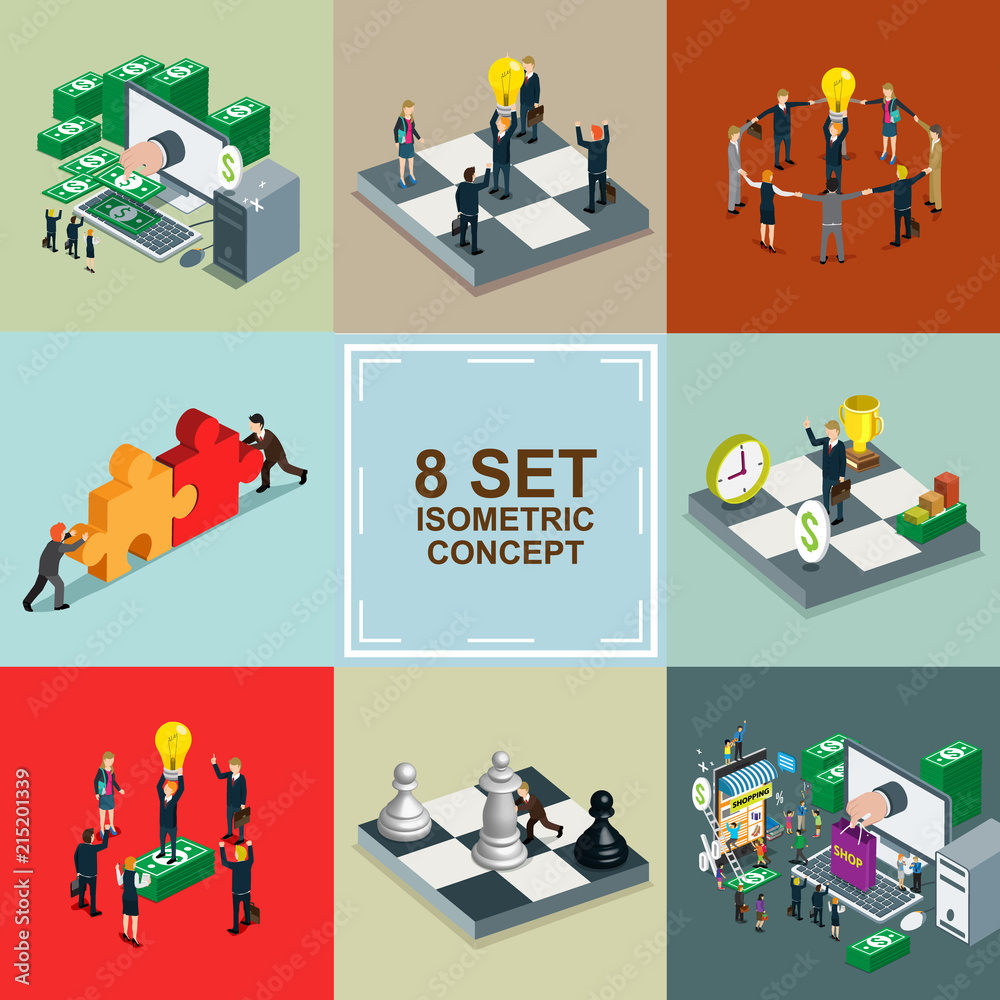 Sticker idea creative and technology isometric set