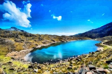 Hand drawing watercolor art on canvas. Artistic big print. Original modern painting. Acrylic dry brush background. Beautiful mountain landscape with a wild lake.     