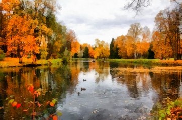 Hand drawing watercolor art on canvas. Artistic big print. Original modern painting. Acrylic dry brush background. Charming autumn beauty of a wild lake.